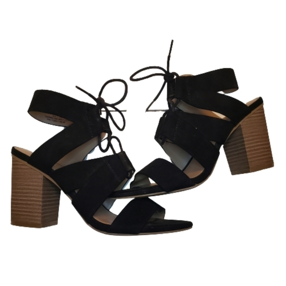 Merona Black Lace Up Open Toe Chunky Heels - Picture 1 of 10